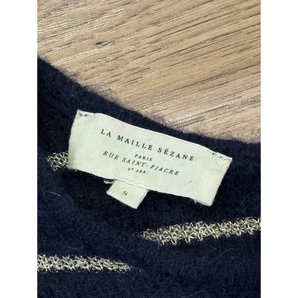 La Maille Sezane Mohair Alpaca Bld Blue Gold Stripe Cardigan Sweater Sz S Italy - Picture 6 of 6